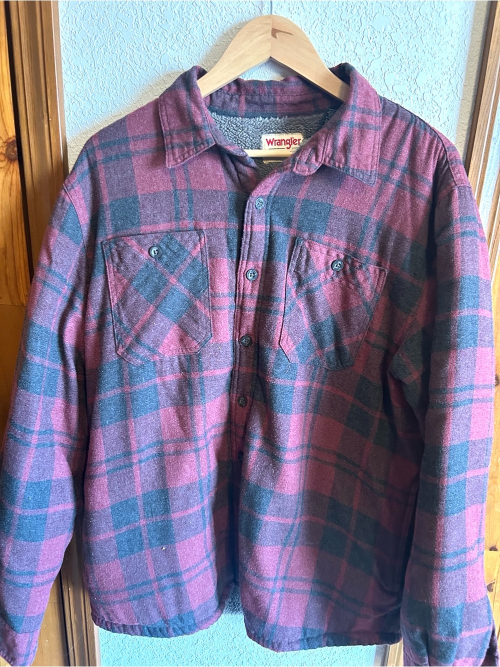 Wrangler Men's Burgundy and Dark Gray Plaid Button-Front Shirt Jacket